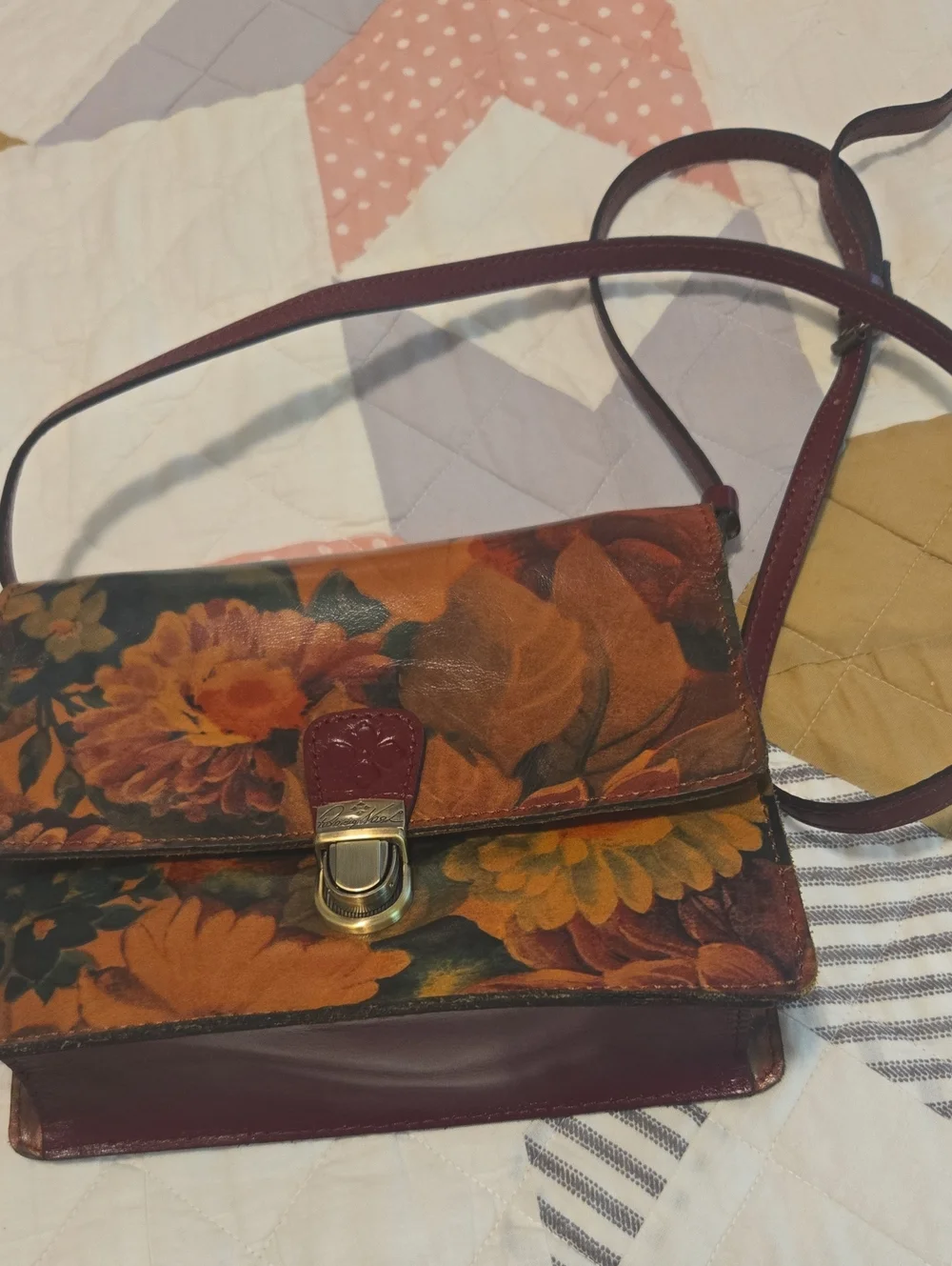 Patricia Nash Floral Leather Crossbody in Brown and Burgundy